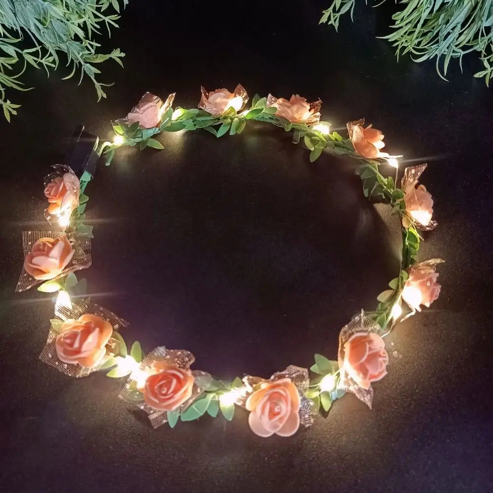 Simulation Rose Flower Wreath Headband Tiara LED Light Crowns Qme J