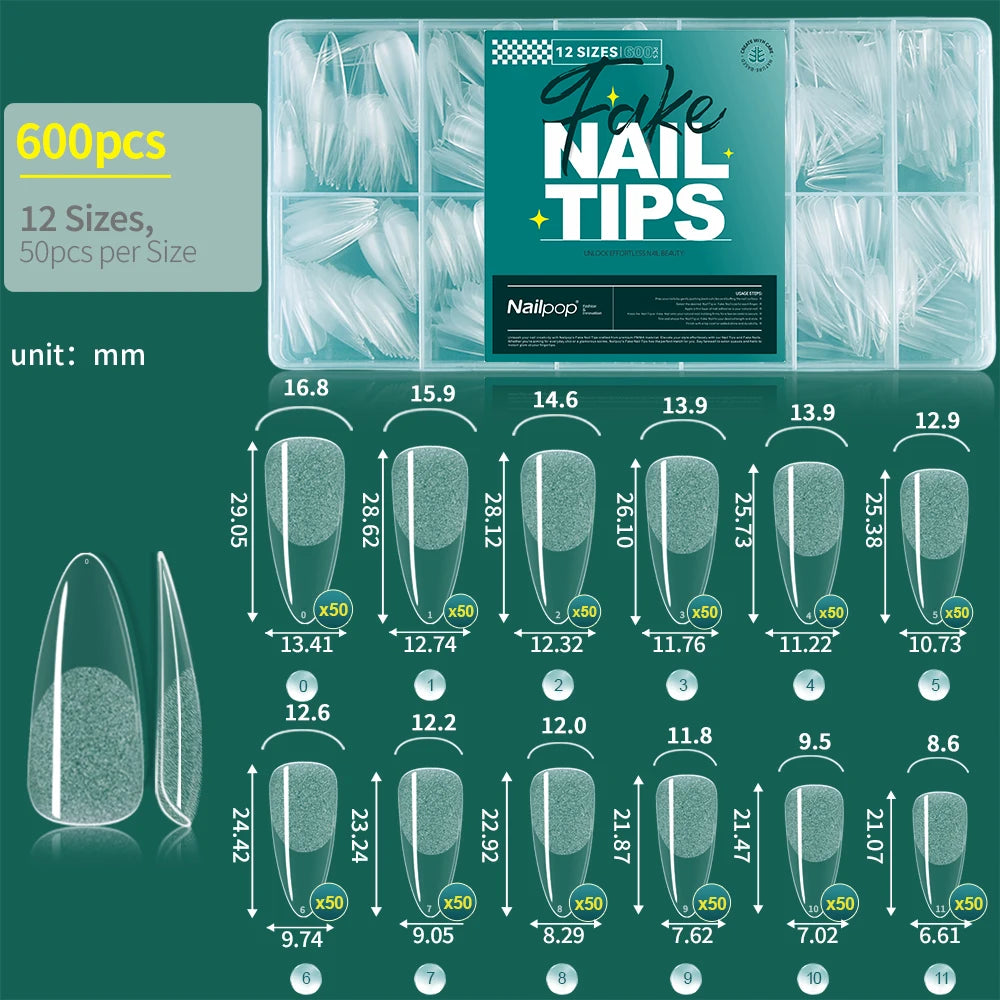 Nailpop False Nails 10 12 Sizes Full Cover Tips Clear Durable Qme M-Stiletto-600