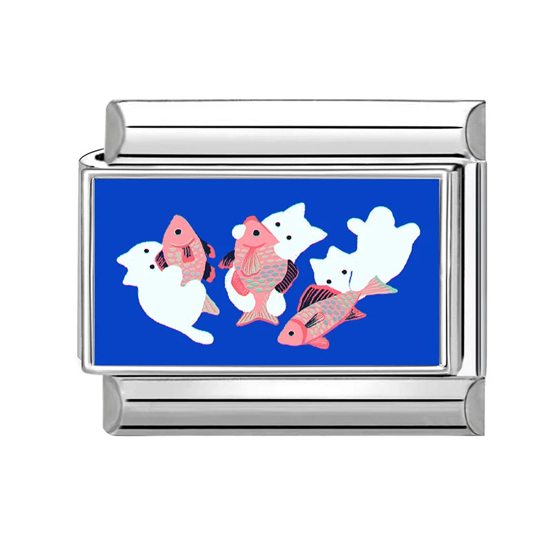 Charm Links Bracelet Stainless Steel Y2K Kawai Cute Cats Listen Music