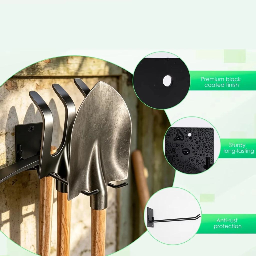 Garden Tool Organizer Wall Mounted Heavy Duty Garage Storage Rack Shovel Rake Holder Space Saving Rustproof Black Iron Hanger Qme Default Title