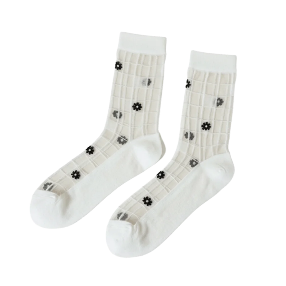 Cute Ultra-Thin Floral Embroidery Socks Crystal Silk Tulle Fabric Mesh Lace Socks Transparent Nylon Long Socks Summer Qme White One Size