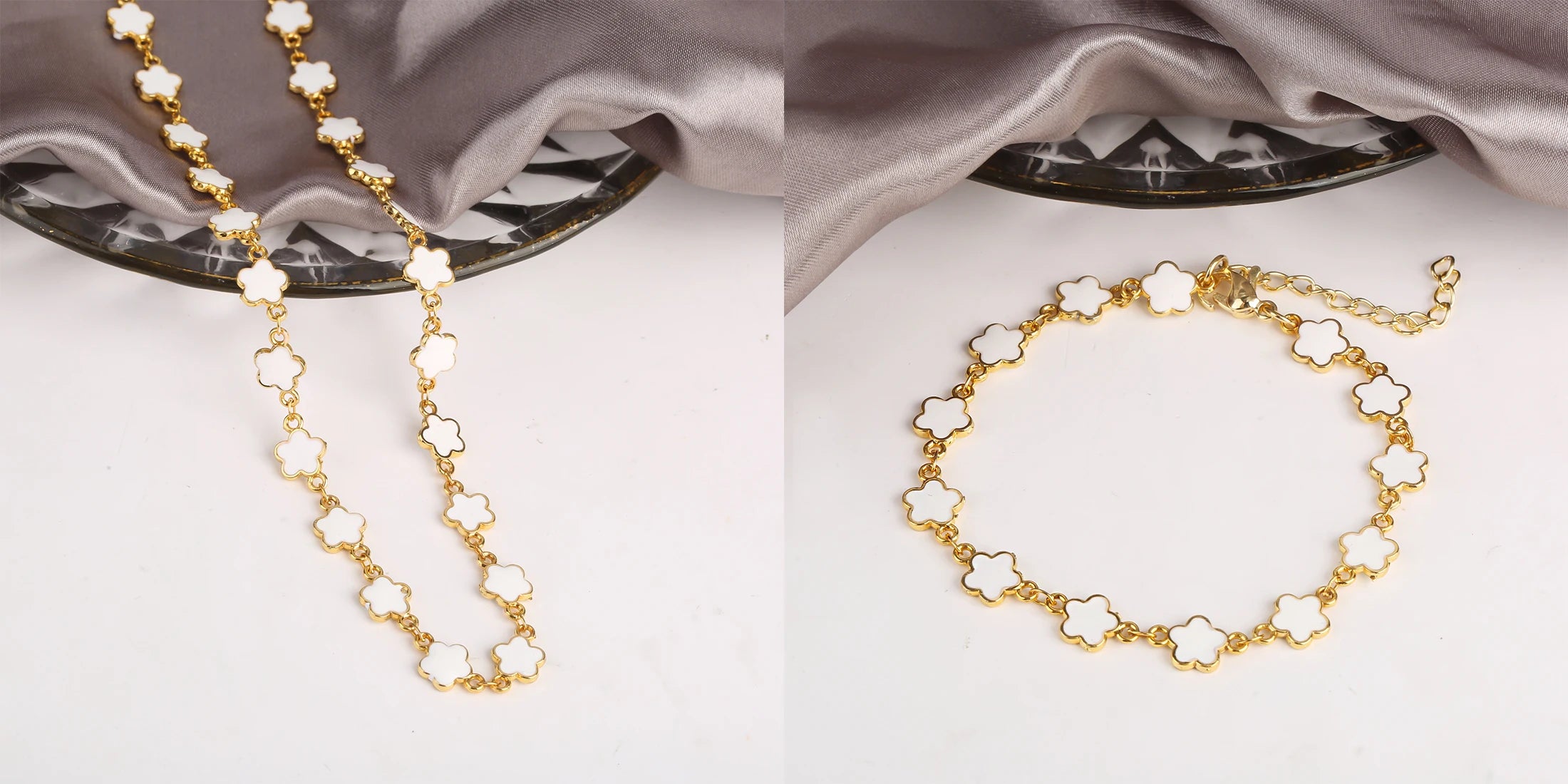 Classic 7 Color Copper Drip Oil Five-Leaf Flower Bracelet Necklace Pentagram Jewelry Set For Women Wedding Party Daily Wear Qme 2