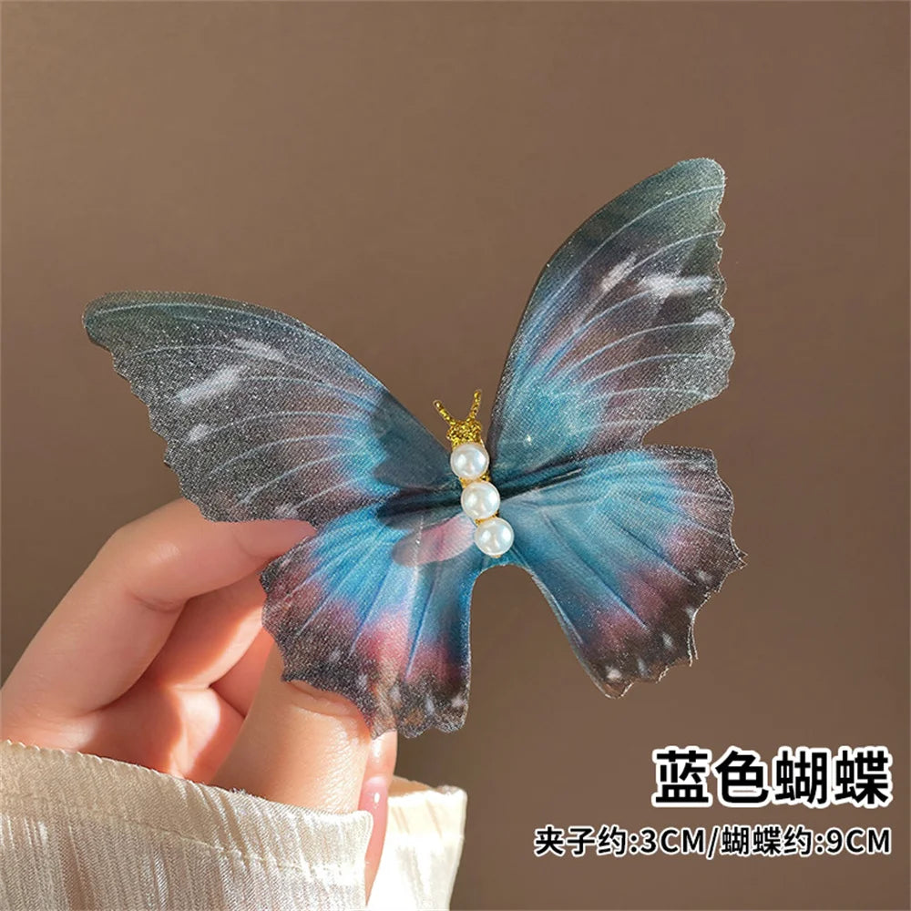 Dynamic Chiffon Butterfly Hair Clip Fairy Pearl Ancient Style Temperament Female Hair Accessories Gift Wholesale Qme Blue China Mainland Hair Claws