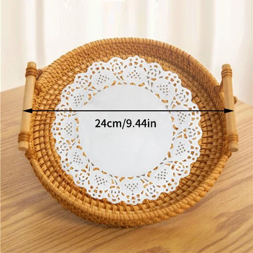 Woven Rattan Storage Basket with Strap Handle round Tray for Bread Snacks Fruits Picnic - Home Organization Basket Qme M