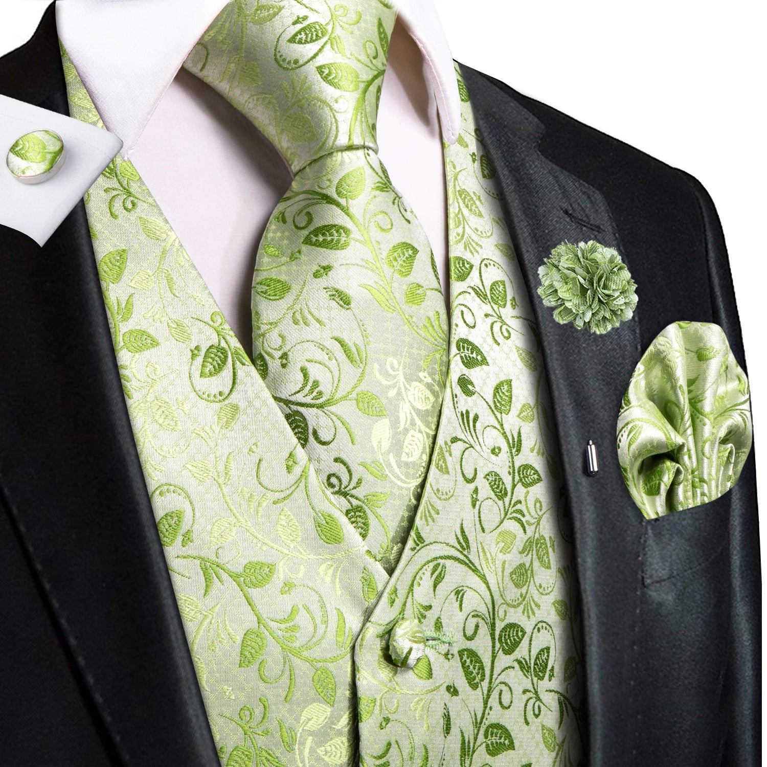Mens Vests Jacquard Waistcoat Neck Tie Hanky Cufflinks Brooch Men Qme