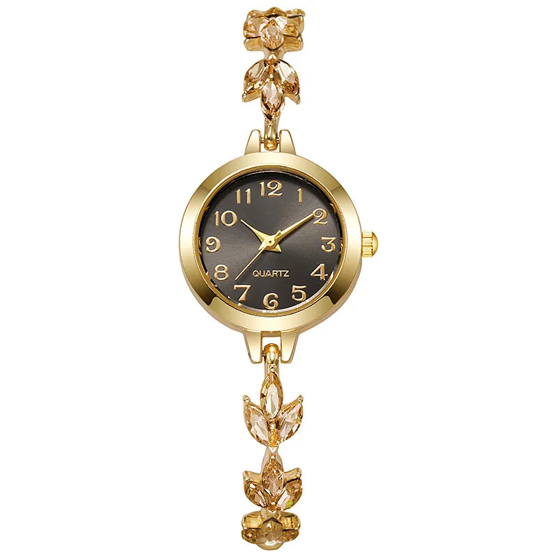@//Elegant Women Watches Luxury Rhinestone Bracelet Bracelet Quartz Watch Reloj Mujer Girls Clock Gift（Without Box） Qme Gold Black