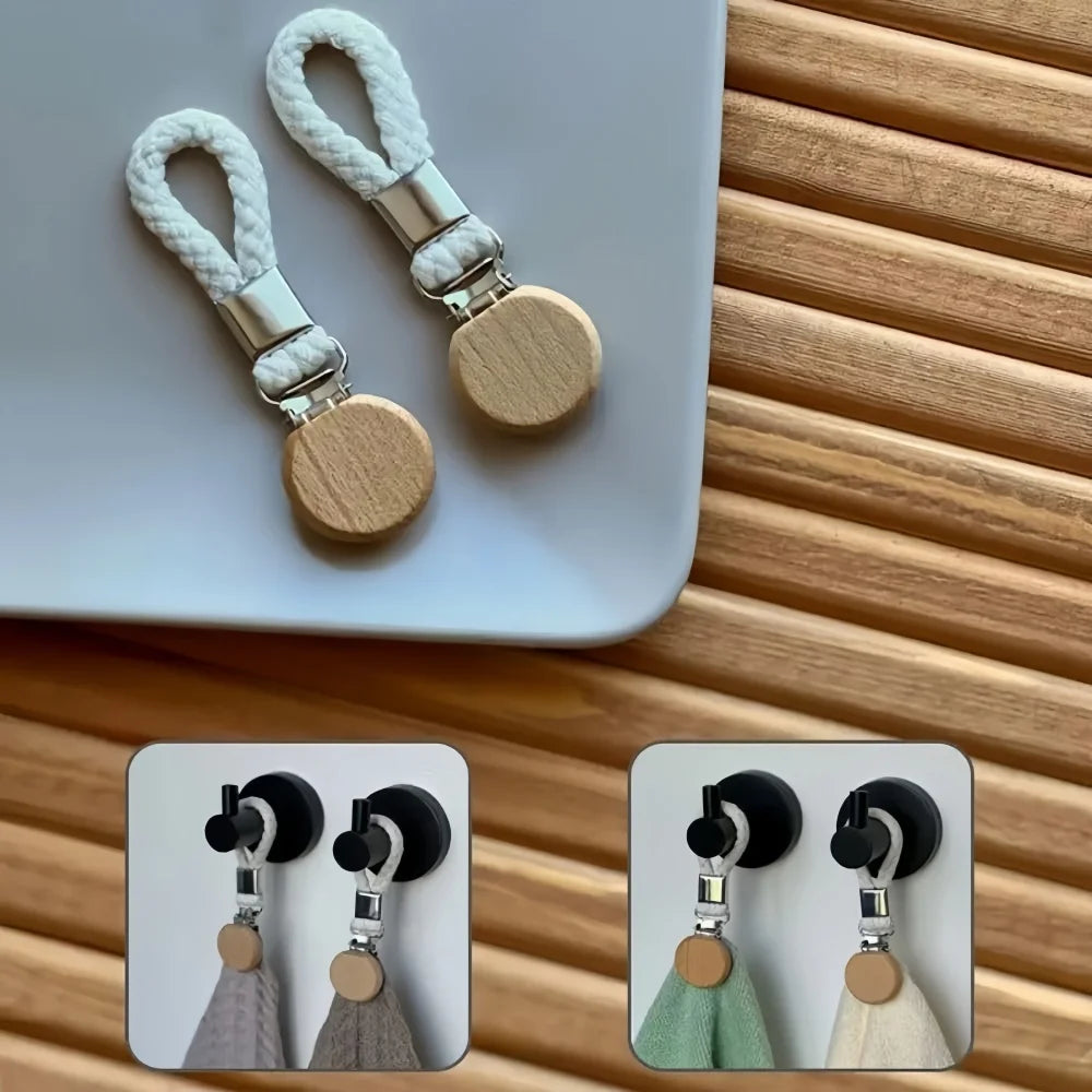 1-8PCS Towel Hanging Clips woven Cotton rope Bathroom wood round head Metal Hanging Clips For Home Towel Clothes Storage Hook Qme