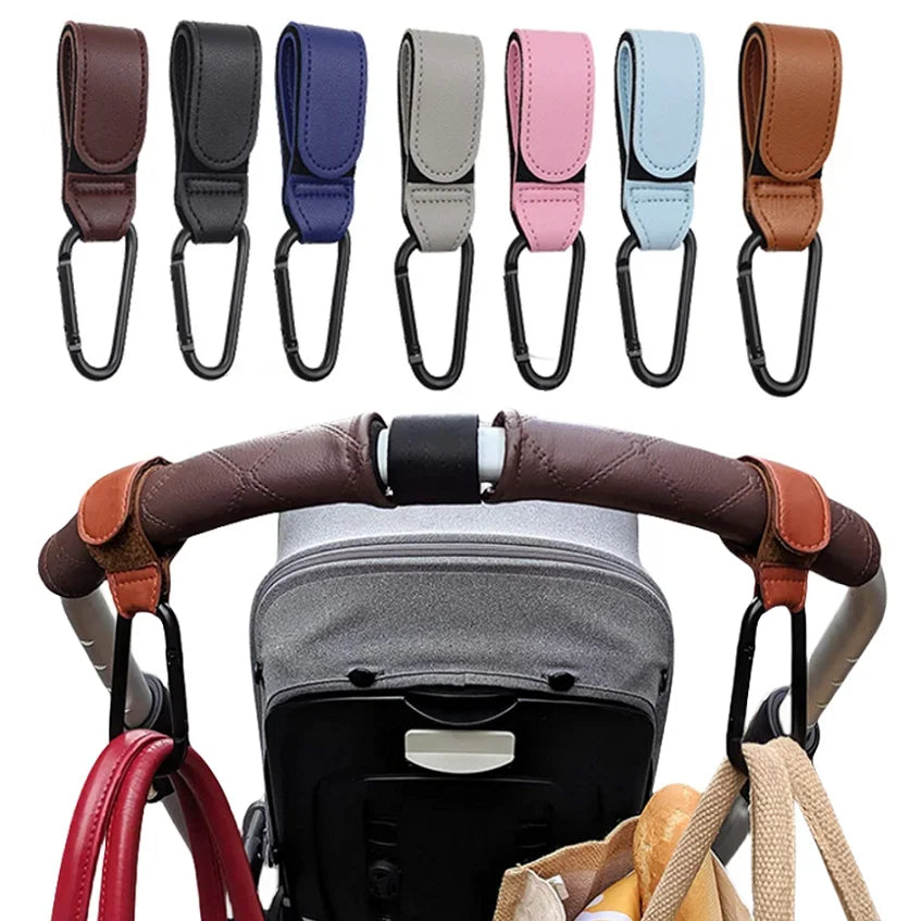 2Pcs Leather Cart Hooks Baby Stroller Hook PU Adjustable Pram Hook Organizer Diaper Bag Hanger Children Travel Accessories Qme