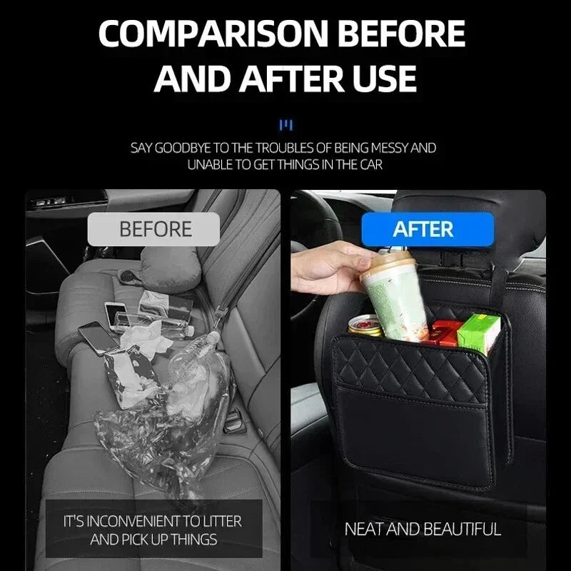 Car Seat Back Storage Bag Leather Auto Organizer Trash Can Holder Qme