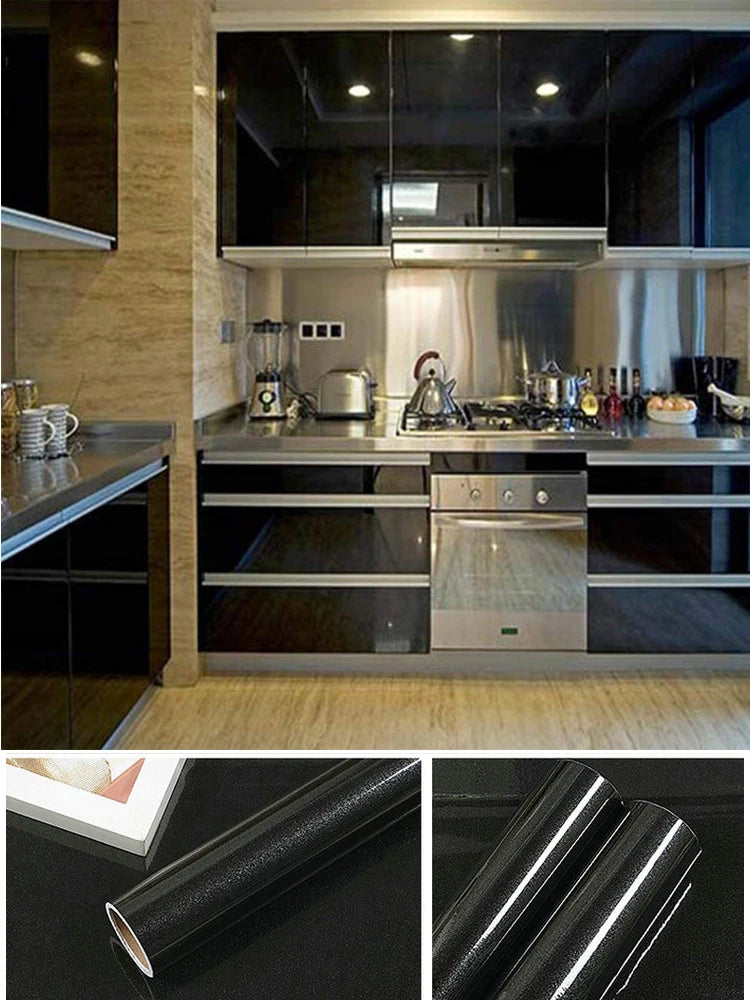 Vinyl Self-adhesive Wallpaper Contact Paper Waterpoof Peel Stick Wall Qme B2 Glossy Black 20cmx1m (7inx39in)