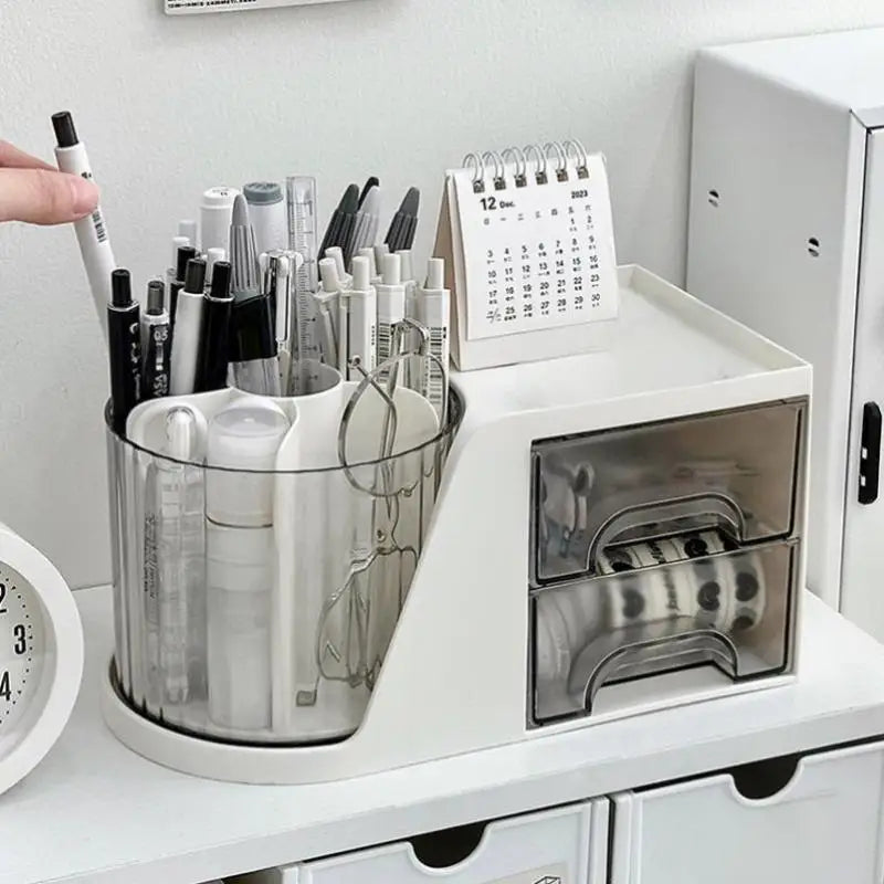 Drawer Plastic Pen Holder Cosmetic Storage Box 2-in-1 Rotating Qme