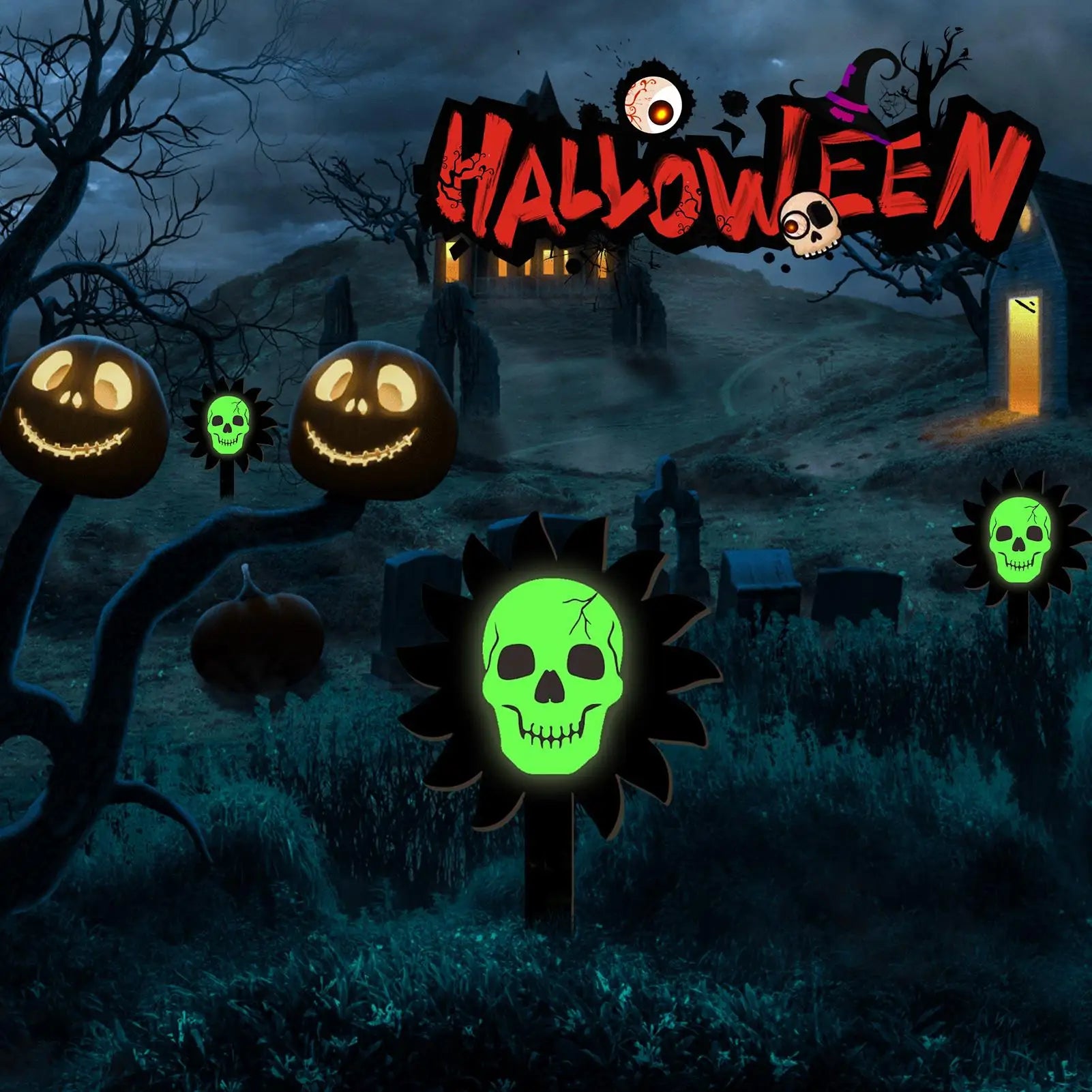 Halloween Garden Stakes Luminous Skull Yard Signs Wooden Decorations Qme