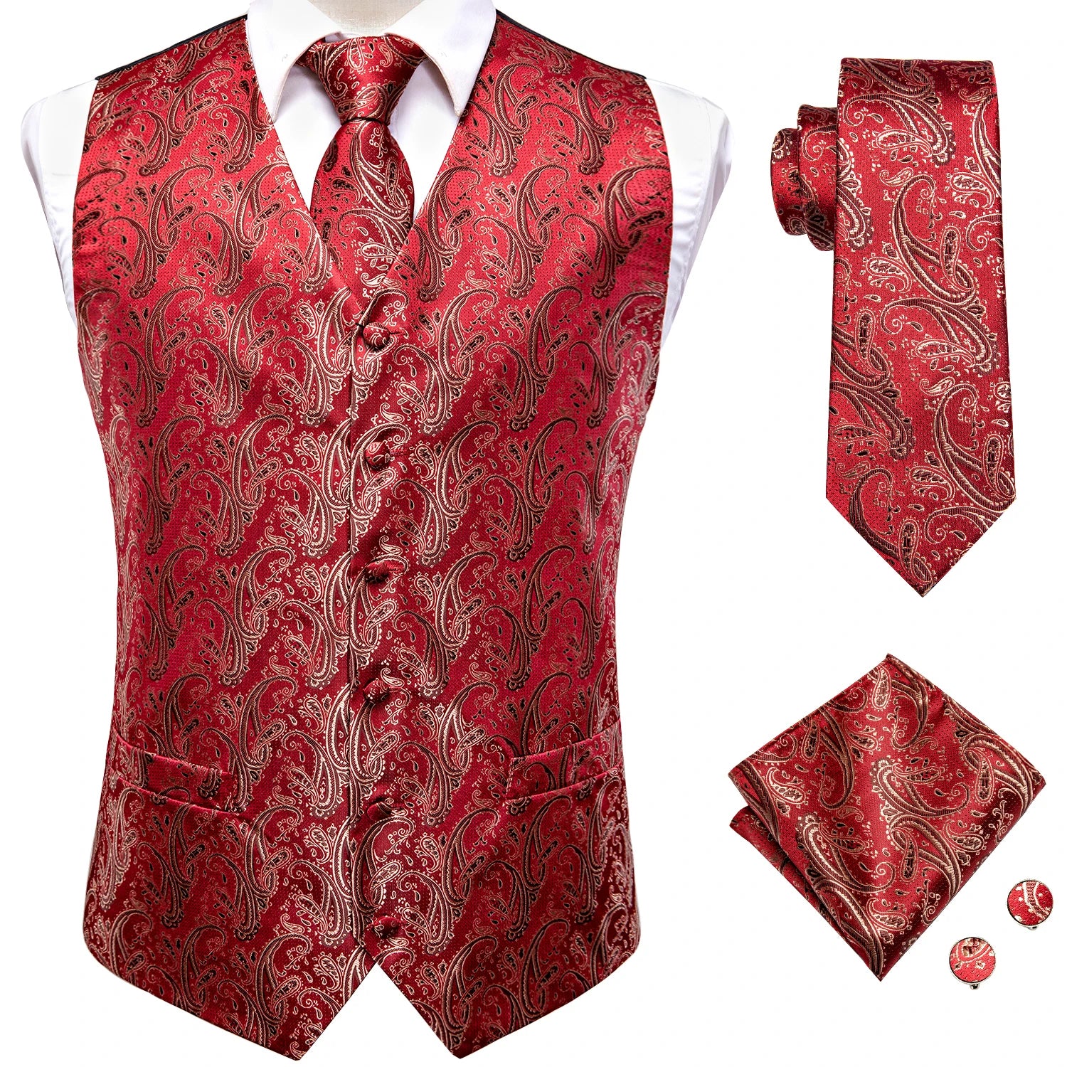 Hi-tie Black Men Vest Paisley Jacquard Necktie Hankerchief Cufflinks Qme