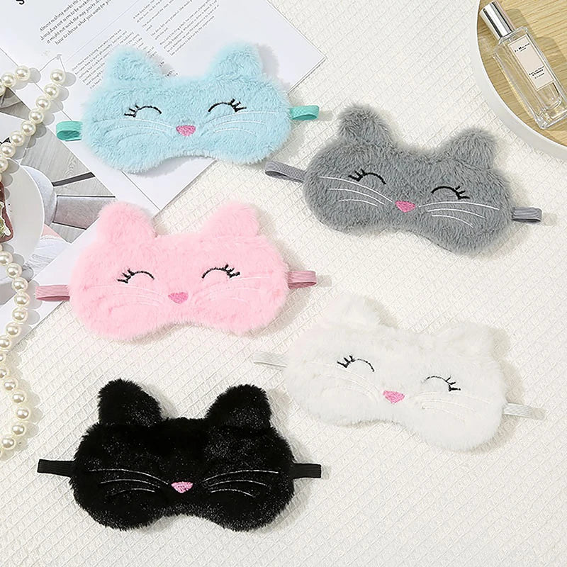 Cute Cartoon Cat Plush Sleep Mask Comfortable Eye Cover Travel Home Qme