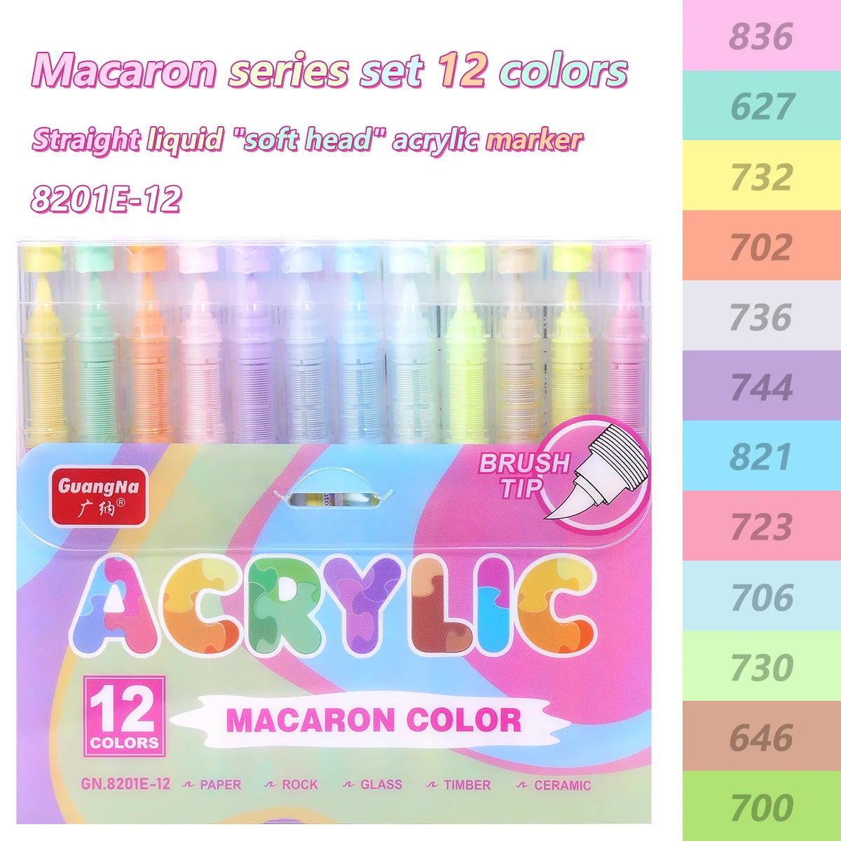 12 Colors/box Soft Tip Acrylic Marker Pens Set Water Resistant Paint Pen for Rock Wood Glass Canvas Graffiti DIY Art Stationery Qme 8201E-12