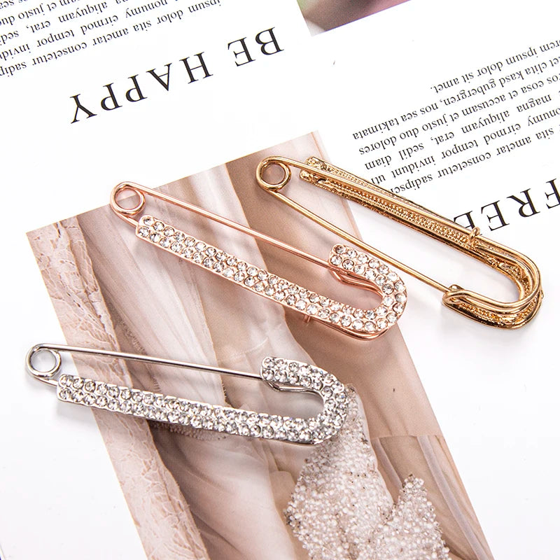 Sweet Lady Large Safety Pins Brooch Vintage Crystal Rhinestone Pin Qme