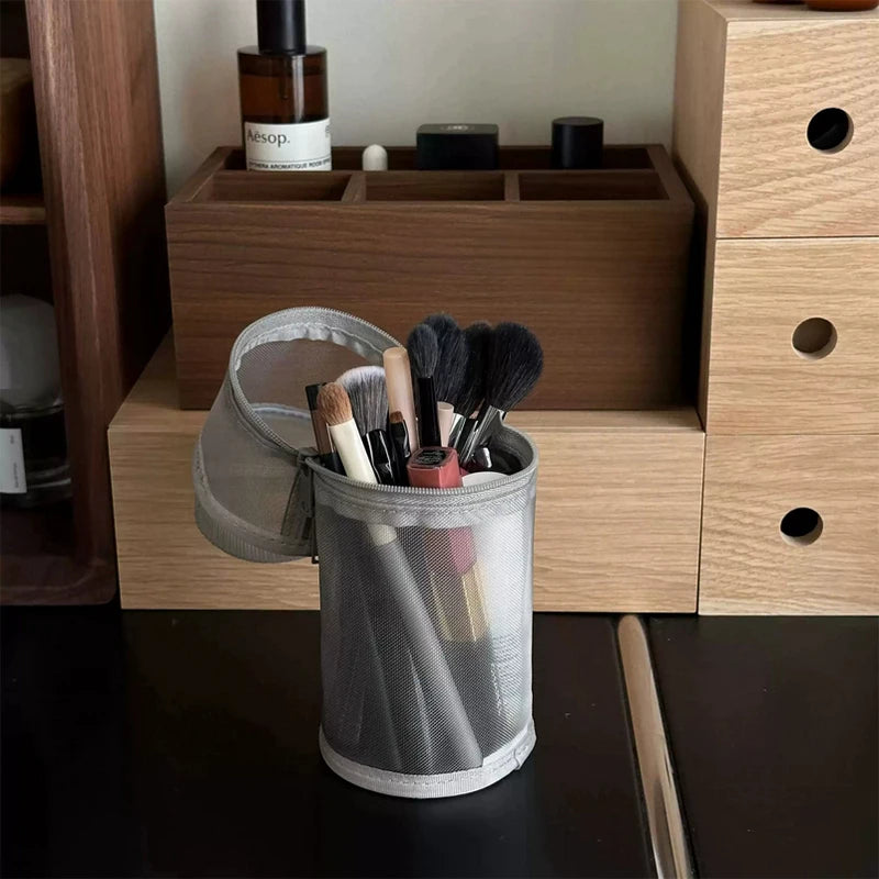 Mesh Dual-use Makeup Brush Storage Bag Portable Stand-up Pouch Large Qme