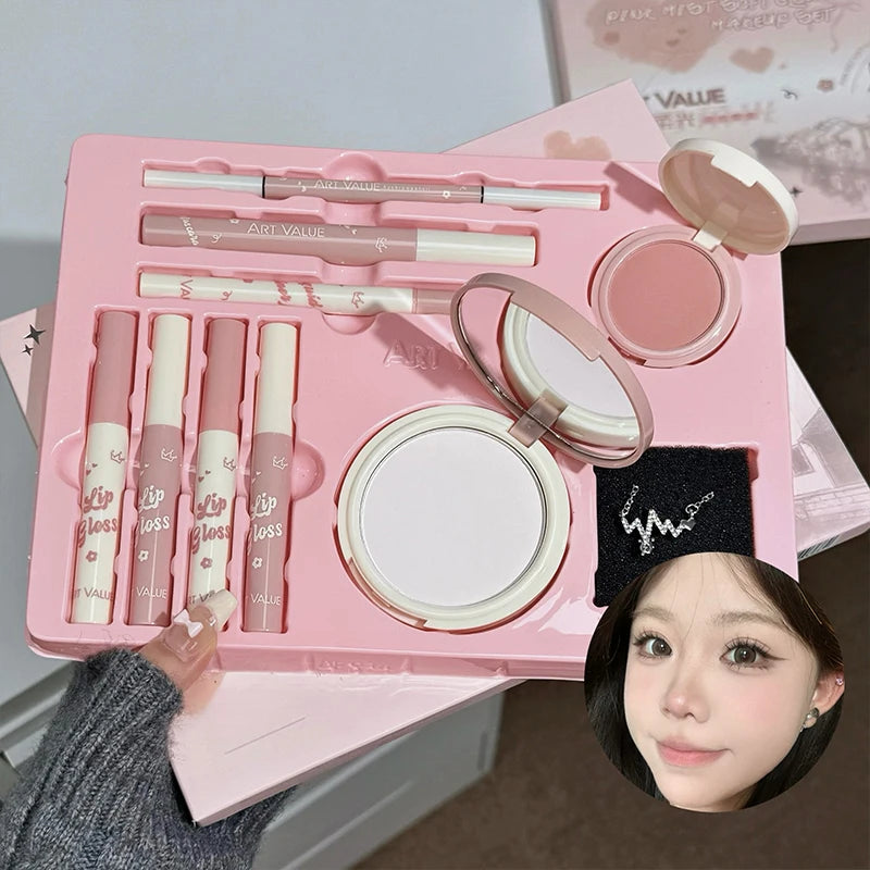 ART VALUE Makeup Set Include 4 Lip Glaze,1 Pressed Powder,1 Blush,1 Eyeliner,1 Eyebrow Pencil,1 Mascara With Necklce Cosmetics Qme