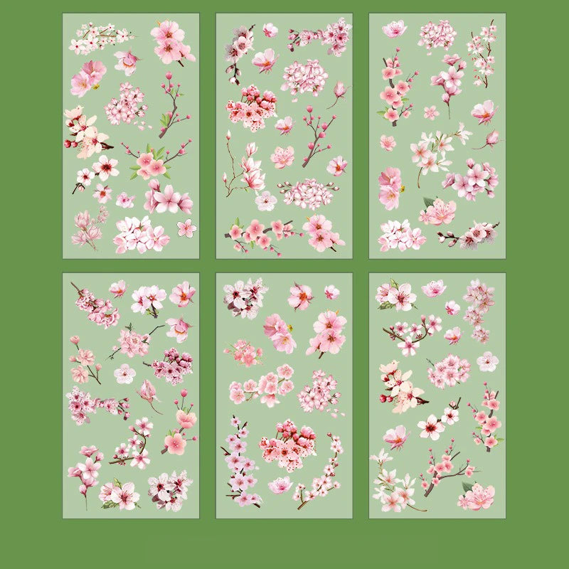 6 Pcs Journal Stickers, Plant and Flower Stickers,PET Waterproof Transparent Floral Patterns,DIY Photo Album Decoration Stickers Qme Cherry blossoms
