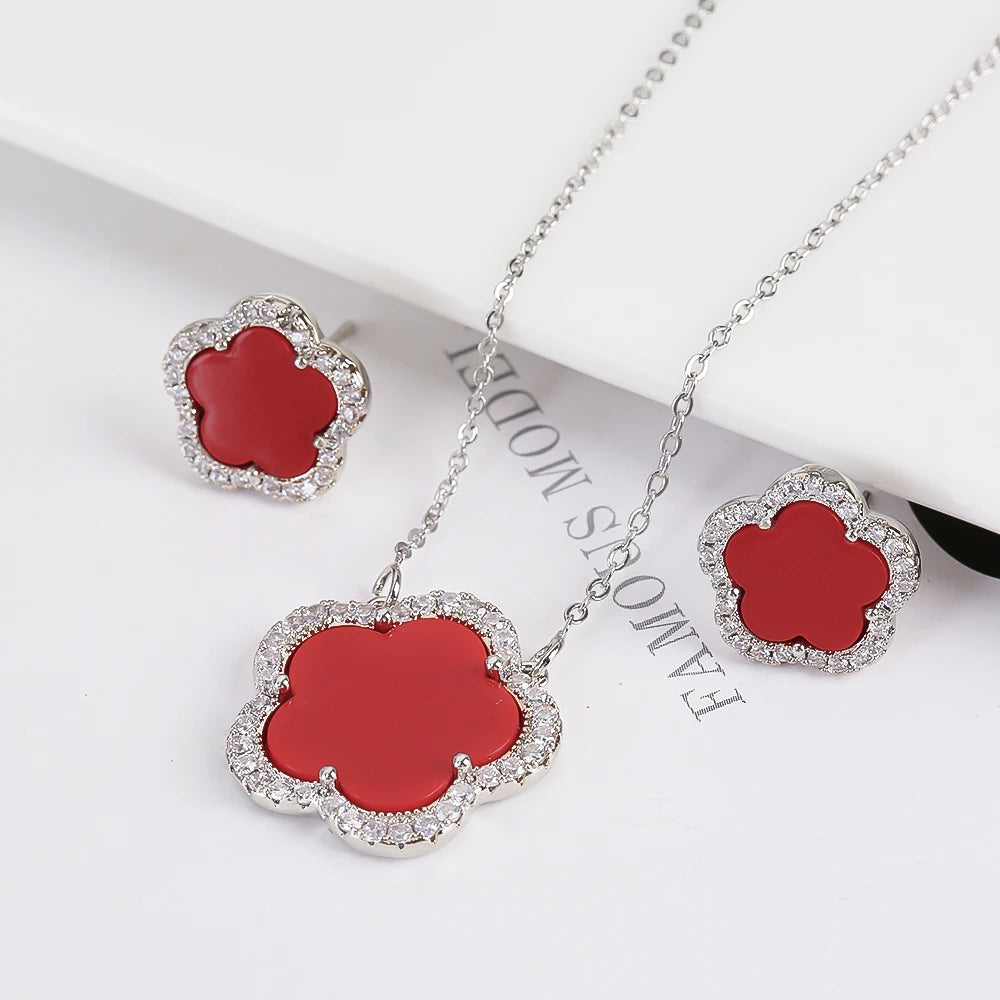 Trendy New Sweet Fashion Natural White Solid Five Leaf Petals Women Jewelry Set Necklace Earrings High Quality Gift Qme 9