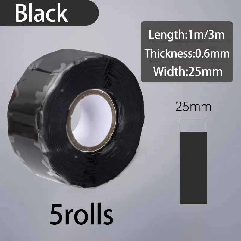 Silicone Self-Adhesive Waterproof Tape Insulation Flame Retardant Silicone High Temperature Resistant Water Pipe, Wire Qme Black-5PCS 3M 25mm