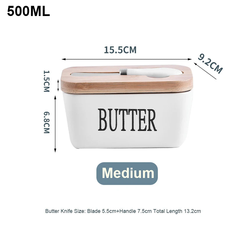 Ceramic Butter Container Box Restaurant Sealed Storage Box Cheese Box with Knife Bamboo Lid Butter Slicer Butter Dish Tableware Qme 500ml
