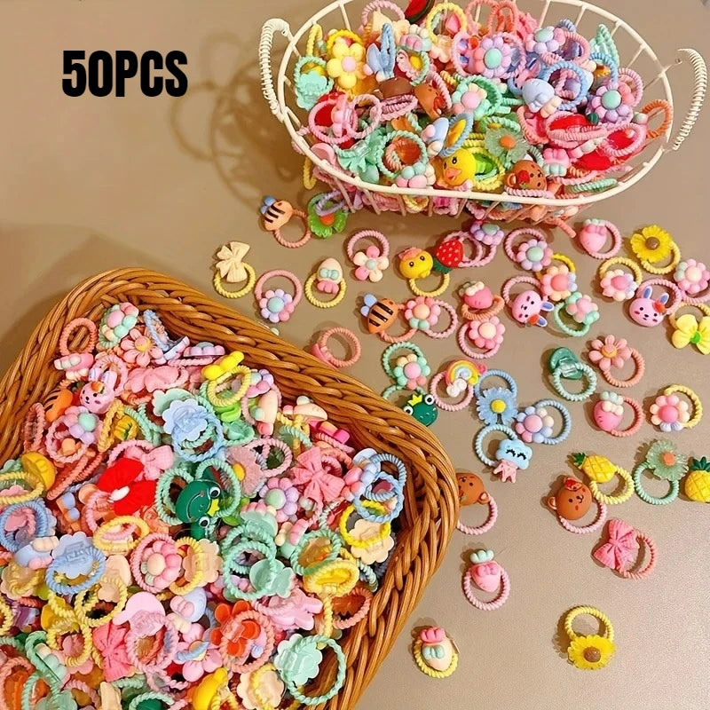 50pcs girls high elastic hair band does not hurt hair, cartoon animal flowers and fruit decorative hair band, decorative hair se Qme Mixed color 50pcs