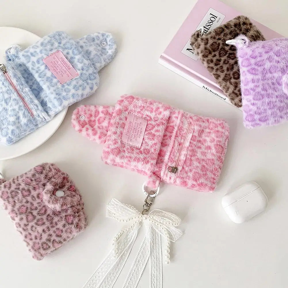 Leopard Print Coin Purse Plush Snap Closure Mini Wallet for Girls Portable ID Card Holder Coin Bag Small Clutch Pocket Wallet Qme