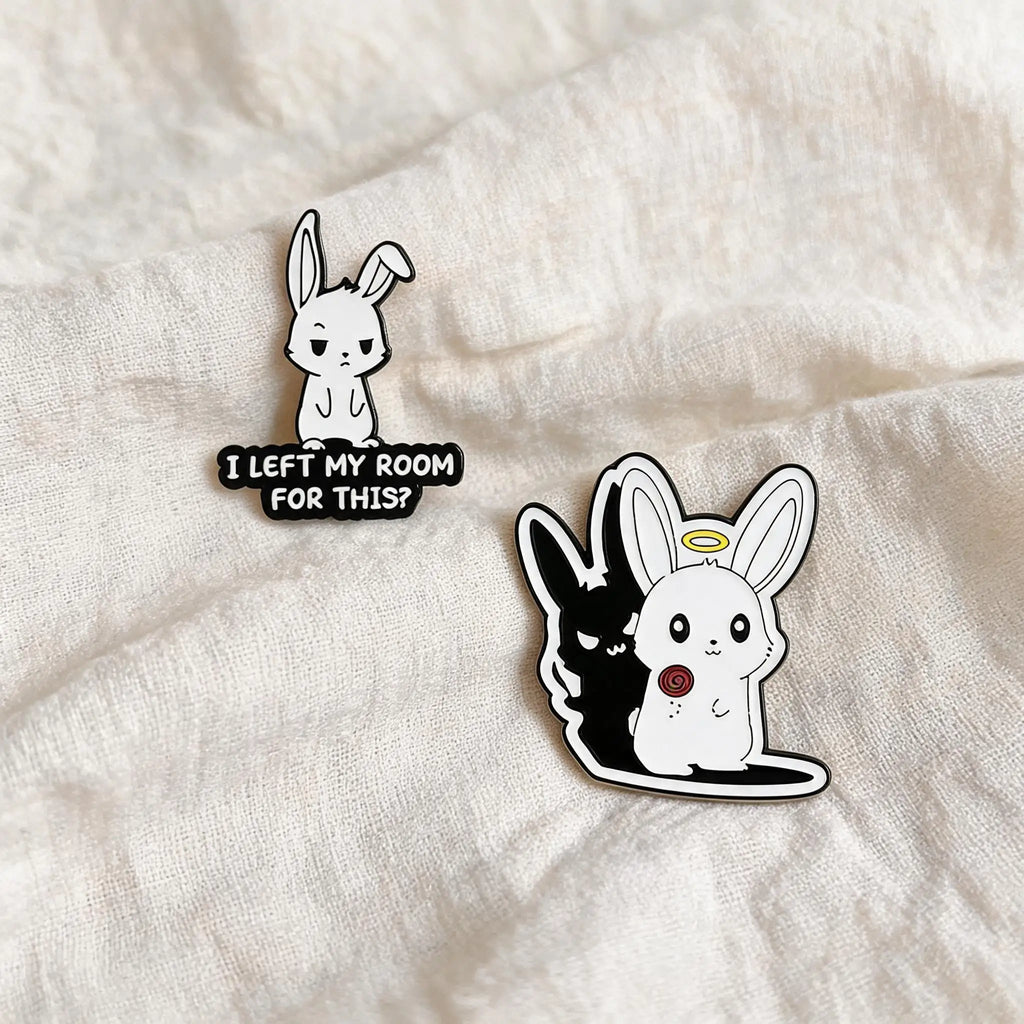 Cute Cartoon Rabbit Metal Enamel Pins Angel Halo Shadow Bunny & Slogan Text Brooches Backpack Hat Decor Gift For Teen Girls Qme
