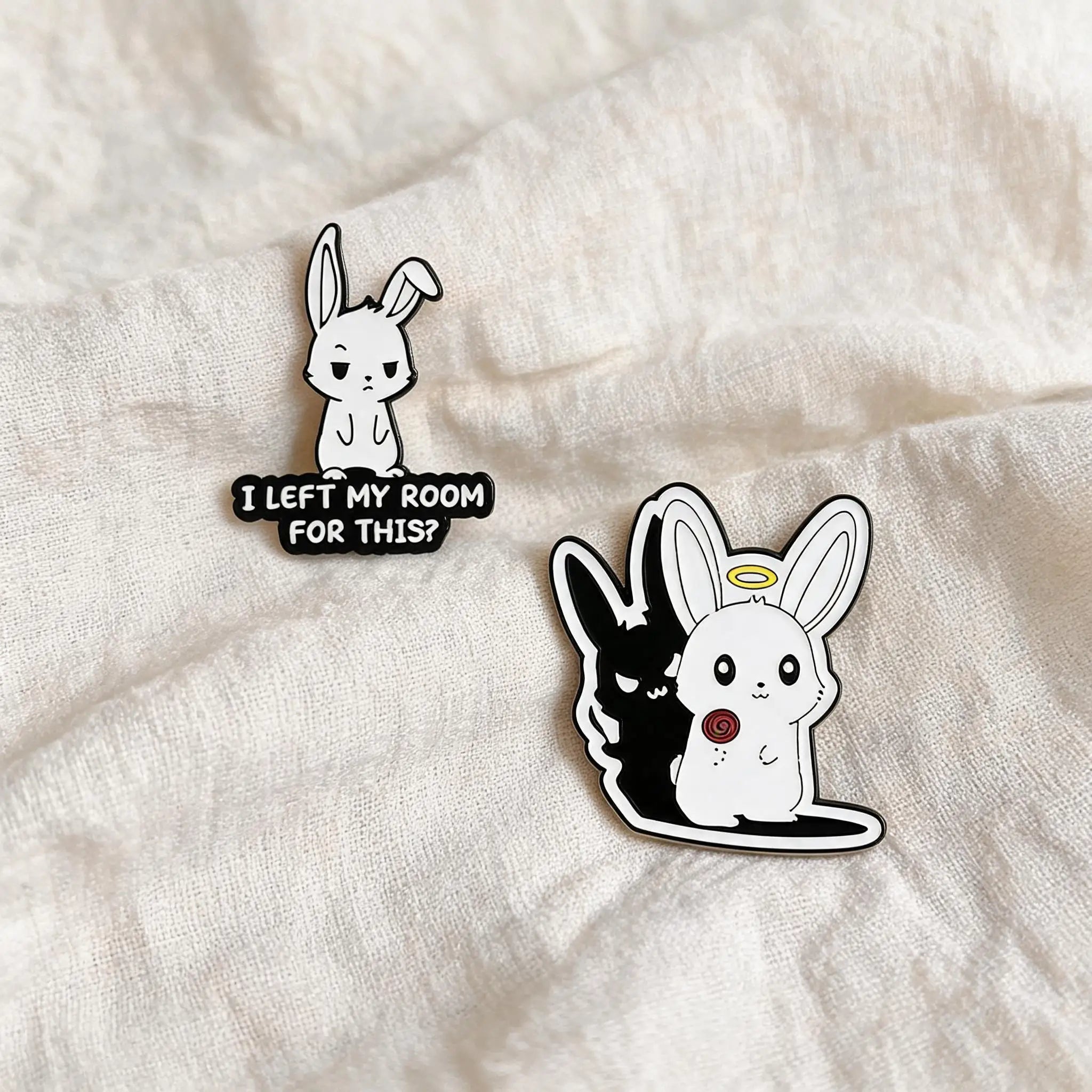 Cute Cartoon Rabbit Metal Enamel Pins Angel Halo Shadow Bunny & Slogan Text Brooches Backpack Hat Decor Gift For Teen Girls Qme