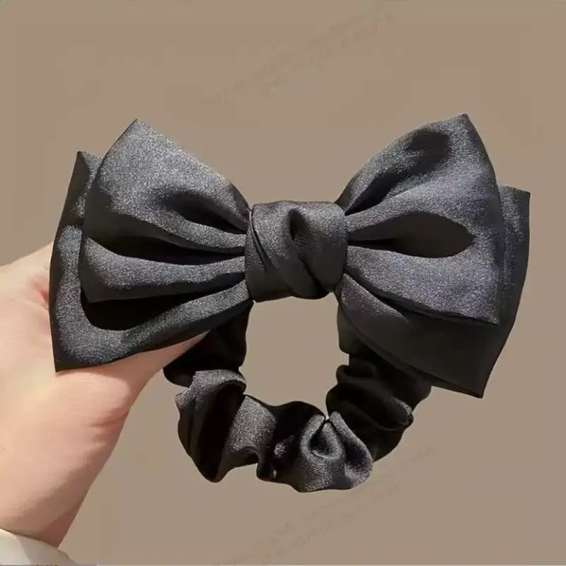 French Bow Scrunchie Elastic Hair Tie Elegant Satin Luxury Textured Qme Black