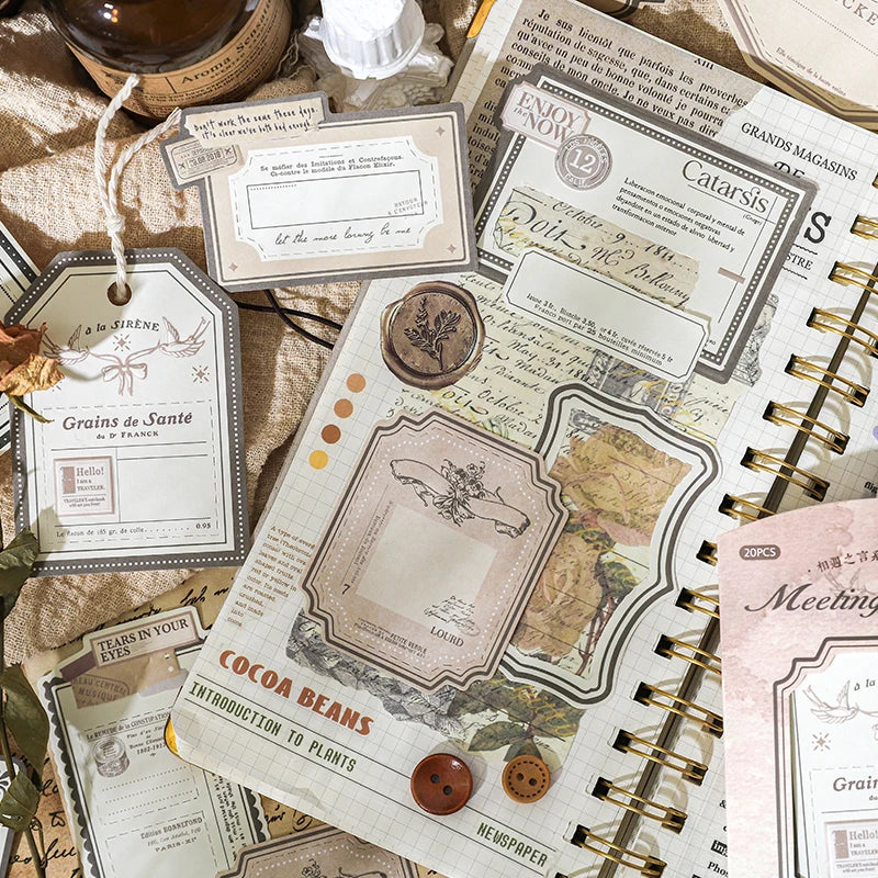 20 Sheets Vintage Label Handbook Memo Pad Junk Journal Deco Material Paper Scrapbooking Collage Diary Plant Aesthetic Decorative Qme