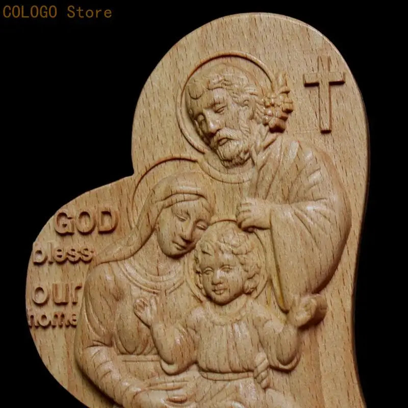 Wooden Figurine Catholic Love Heart Shaped Jesus Holy Family Carving Qme
