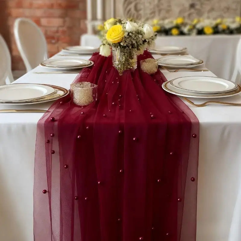 80x200cm Pearl Gauze Decorative Table Flag Beaded Net Gauze Wedding Table Flag Curtain Party Tablecloth Background Decoration Qme