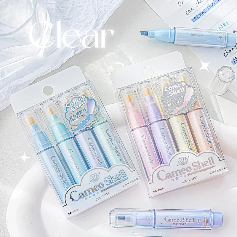 Mini Portable Clear Shell Glitter Highlighter Markers 4Pcs Set Glitter Ink for Scrapbook Painting School Stationery Qme