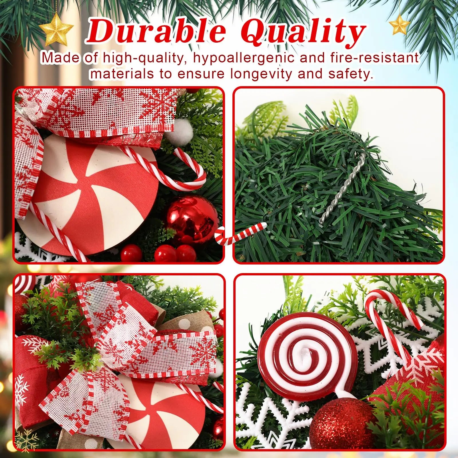 Christmas Candy Cane Wreath for Front Door Red White Xmas Teardrop Swag Decorations Christmas Garland with Ball Bow Ornaments Qme