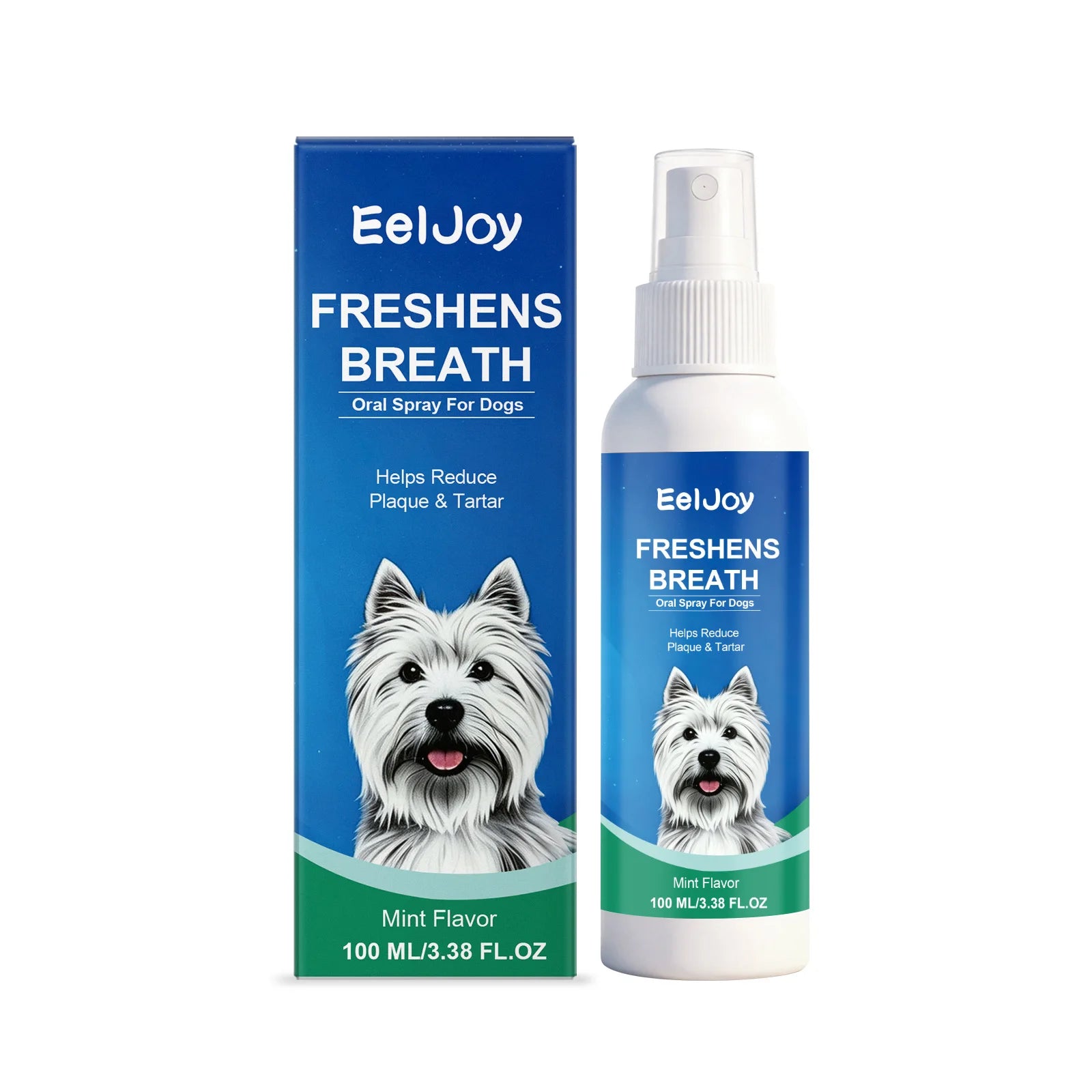 EELJOY Pet Dental Care Spray Reduces Plaque & Tartar Eliminates Bad Breath No‑brush Easy‑to‑use Mint‑flavored Dogs Mouth Cleaner Qme 100ML Boxed