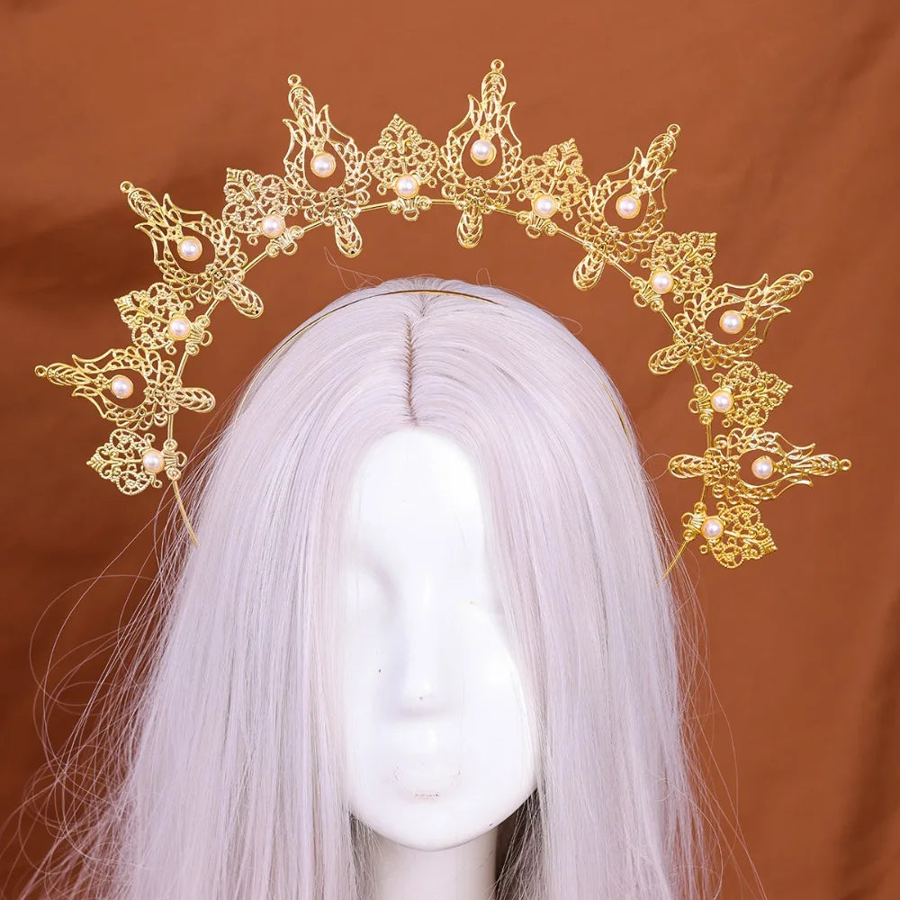 Gothic Gold Plated Halo Crown Vintage Faux Pearl Inlaid Sun Goddess Qme Style 3