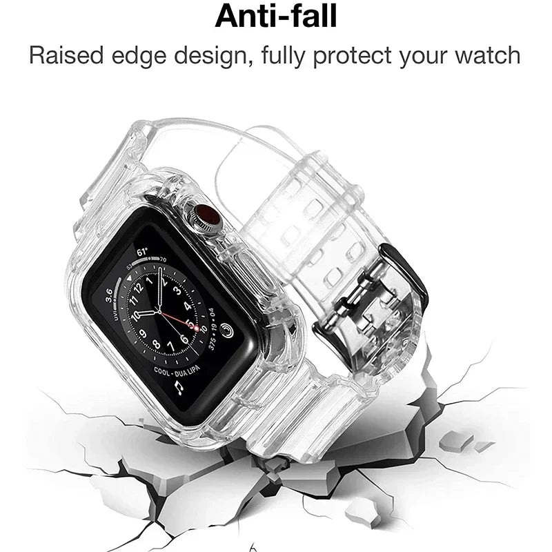 Clear Band + Case for Apple Watch Series 9 8 7 6 SE 5 49mm 45mm 44mm 42mm 41mm Transparent for iwatch 3 38mm 40mm Plastic Strap Qme