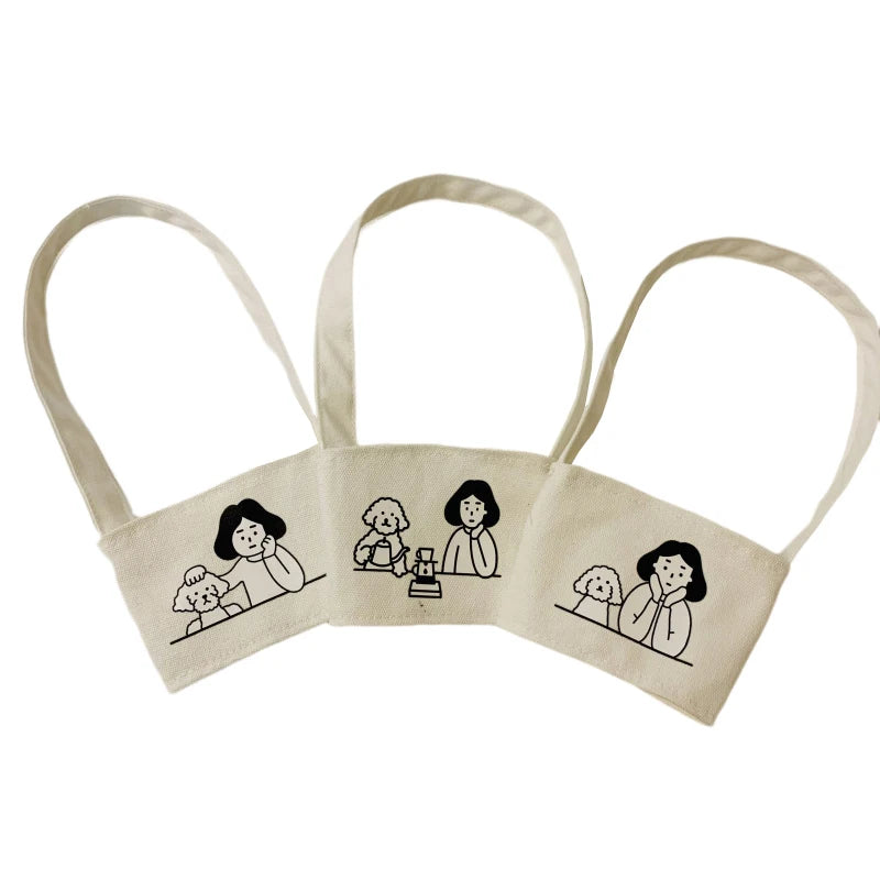 1Pc Portable Water Bottle Holder Carry Bag Coffee Cup Storage Sleeve Cover Canvas Printing Milk Tea Set Drinking Bottle Strap. Qme