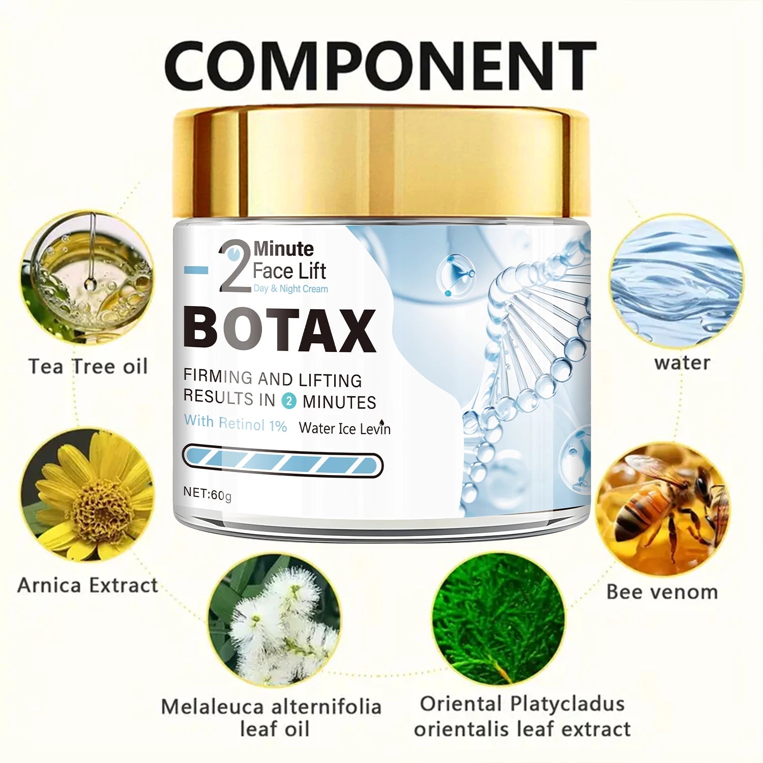 BOTAX 1% Retinol Face Cream. Minute Face Lift with Tea Tree Oil & Bee Venom for Instant Firming & Lifting Results. Day & Night. Qme