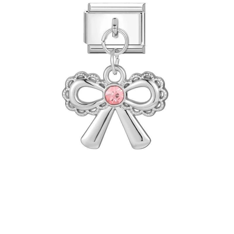 Shiny Colorful Zircon Pendant Series Red Cherry Bow Italian Charm