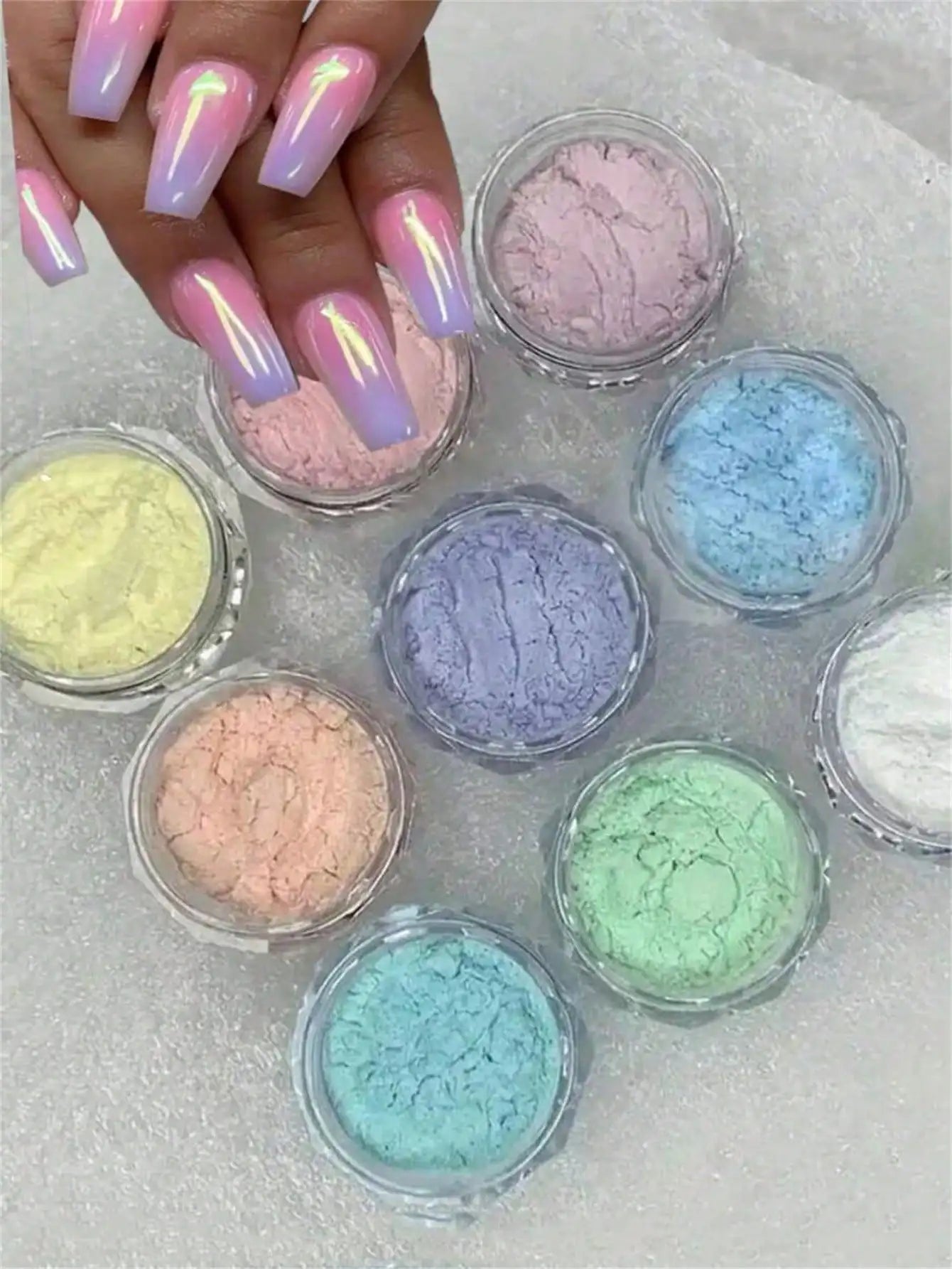 9-Colors Mermaid Chrome Nail Powder Aurora Art Dusts Round Unscented Qme 9 pcs