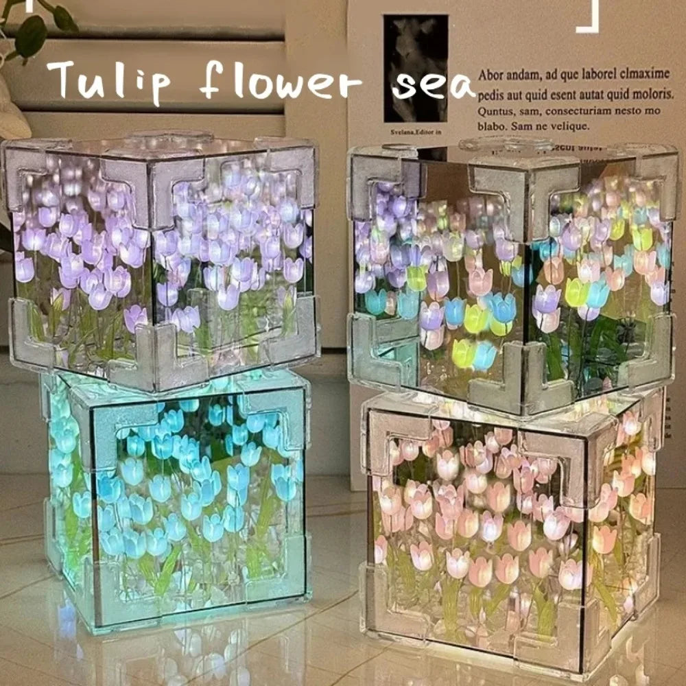 DIY Tulip Mirror Cube Lamp Simulation Flower Bedroom Sleeping Table Qme