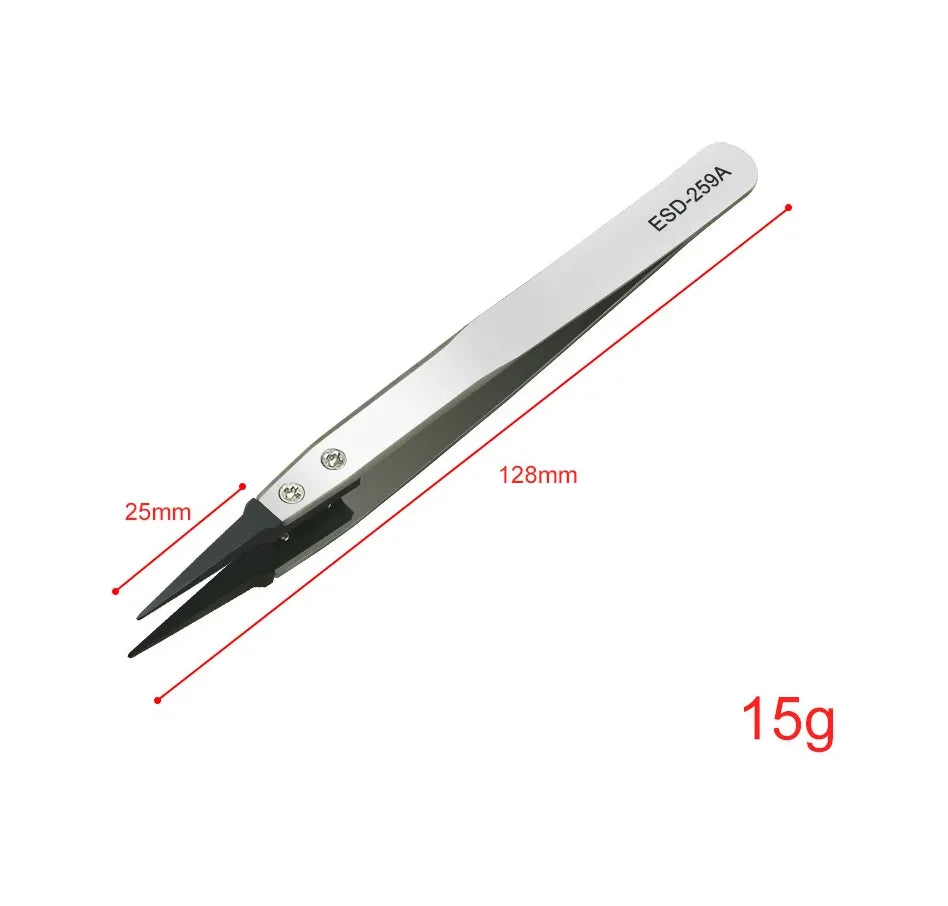 ESD Anti-static Precision Tweezers Tips Heavy-duty Metal Construction Qme Silver Sharp Point 12cm