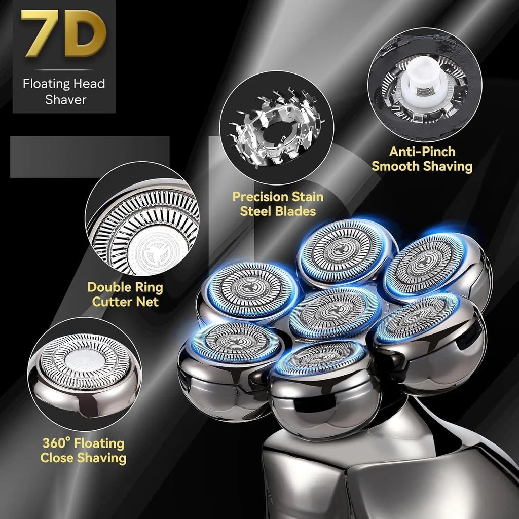 7D Head Electric Razor for Men, Multifunctional Bald Head Shaver Grooming Kit, Waterproof Type-C USB Rechargeable 6 in 1 Cordles Qme