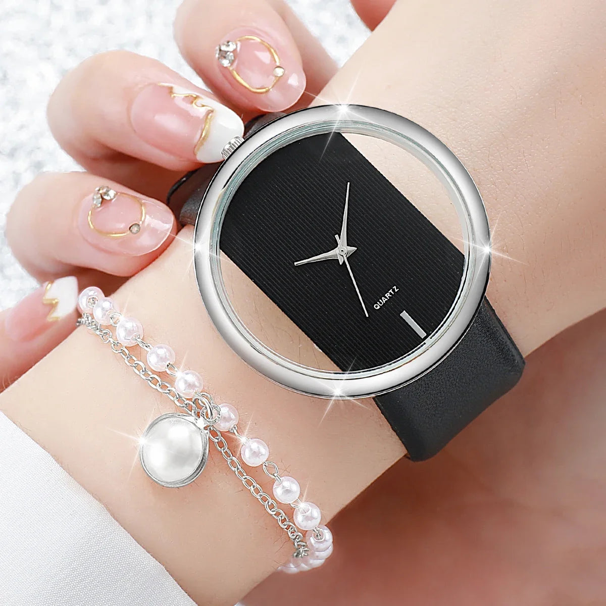 Women's Hollow Quartz Watch with Leather Bracelet, Pearl Jewelry Set, Fashion Watches, Without Box, 5 Pieces Per Set Qme