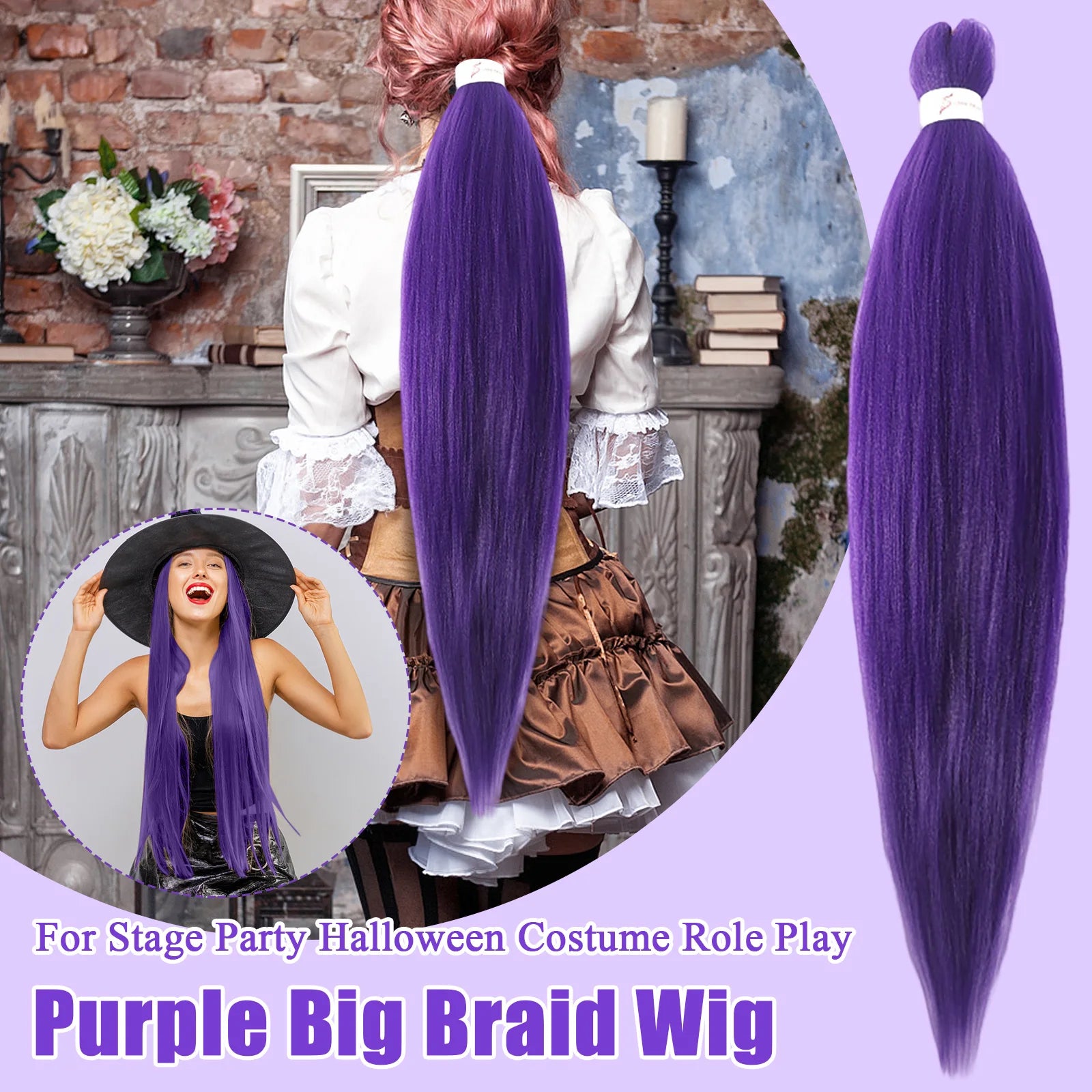 Synthetic Solid Color Long Braids Pony Tail with Elastic Band Long Party Christmas Halloween Role-playing Hair Accessories Qme