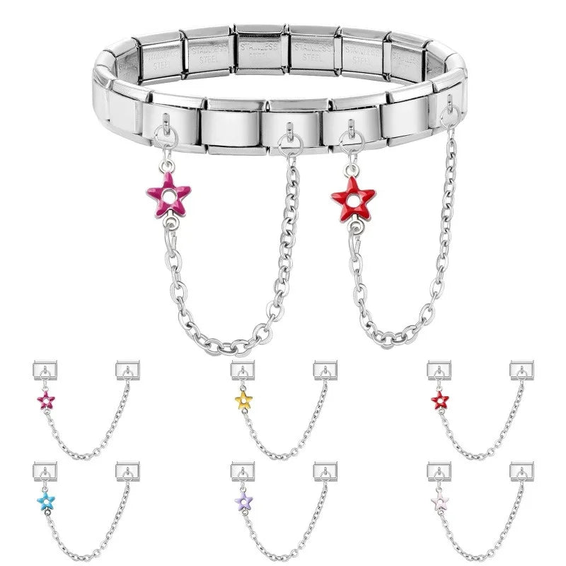Wholesale Fashion Colour Stars Tassel Chain Module Italian Charm Bracelet Fit 9mm Hand Chain Stainless Steel DIY Jewelry Making Qme