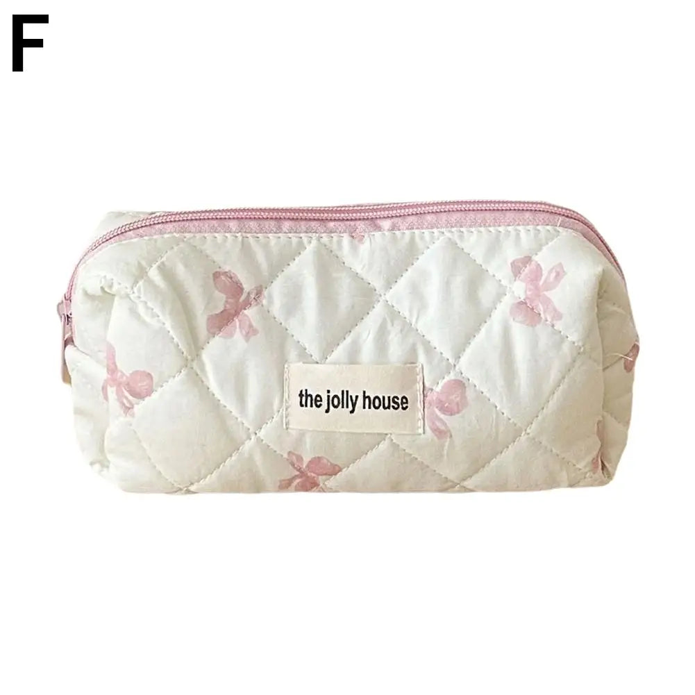 Quilted Makeup Bag 3 Sizes Floral Toiletry Cosmetic Pouch Organizer Qme pink-S